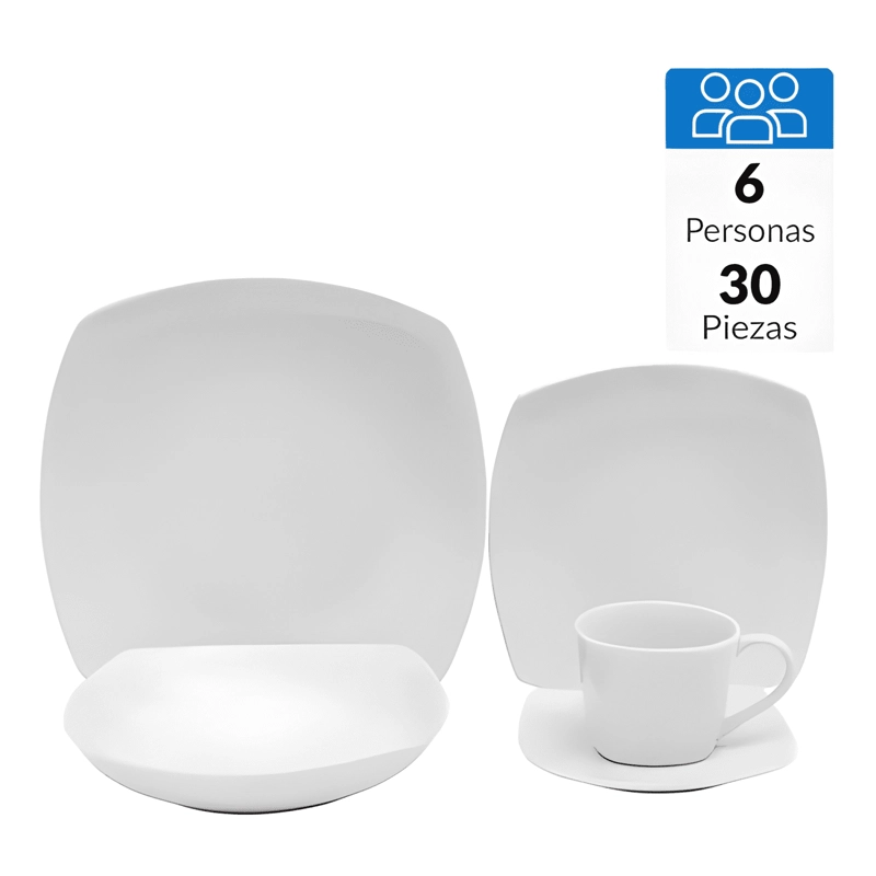 JUEGO LOZA 30 PIEZAS PORCELANA CUADRADO COMPLETO BLANCO - 4