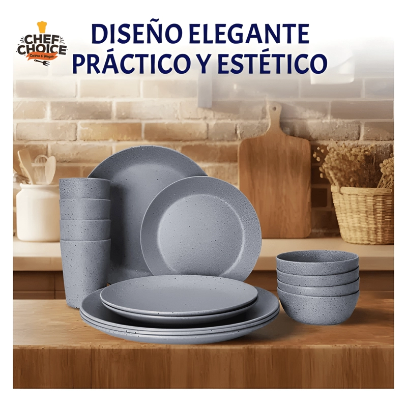 SET 16 PCS JUEGO DE VAJILLA COMPLETO MELAMINA GRAY SPECKLED - 1
