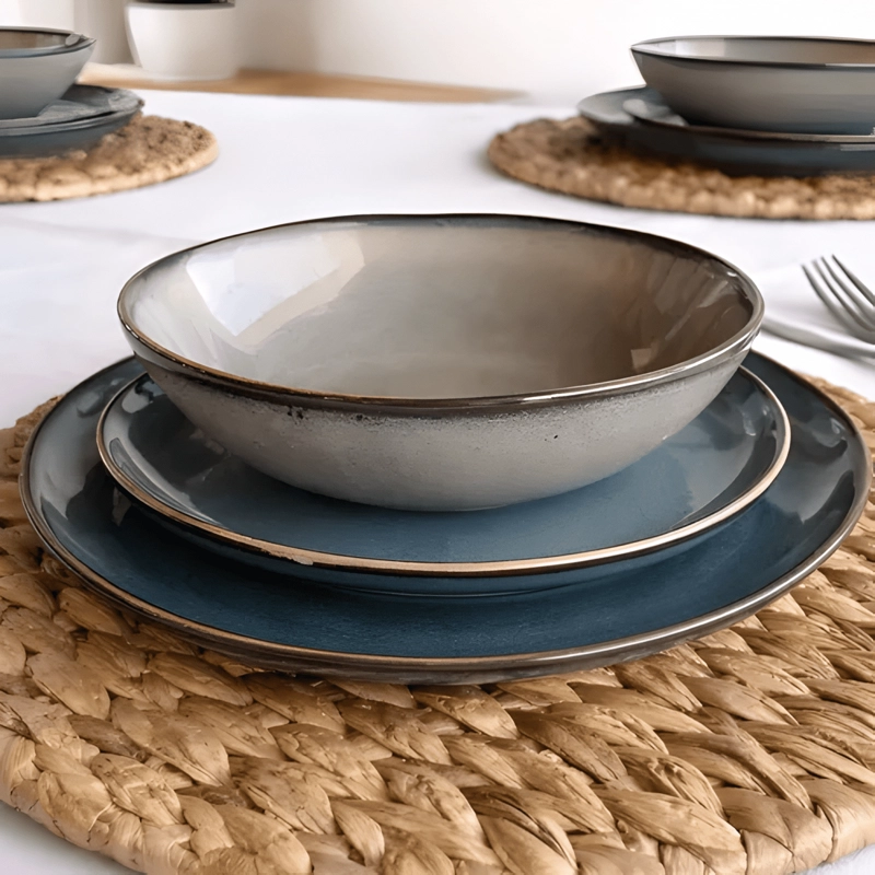 SET VAJILLA 18 PIEZAS CERAMICA LINEA RUSTICA AZUL GRAFITO #5 - 1