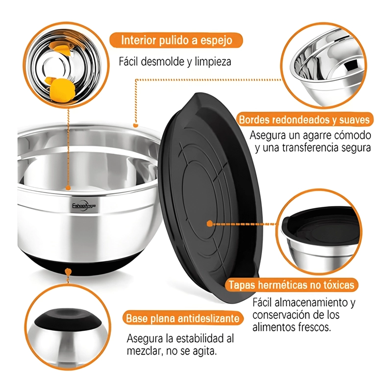3 BOWLS CON TAPA ACERO INOXIDABLE Y BASE ANTIDESLIZANTE #2 - 1