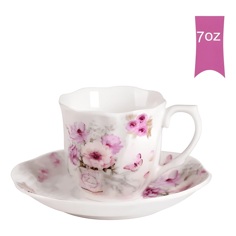 JUEGO DE 6 TAZAS DE PORCELANA 200 ML CON PLATO FLORAL GUA... - 2
