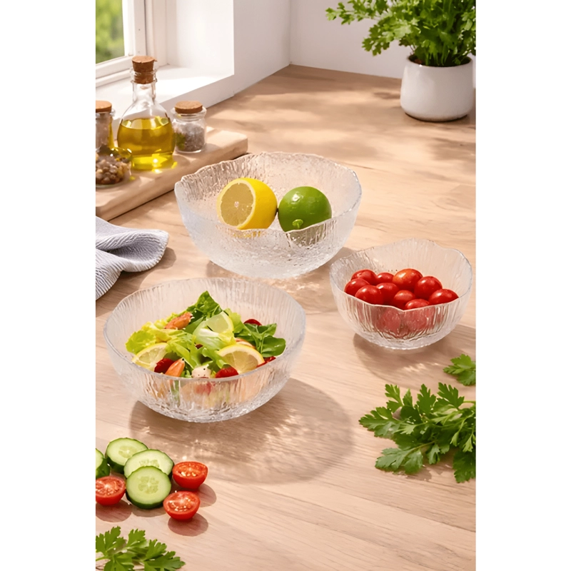 SET 3 BOWLS ENSALADERA VIDRIO TEXTURIZADO COCINA ELEGANTE - 1