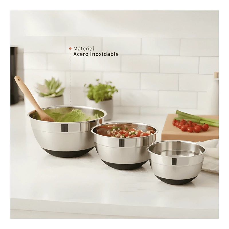 SET 3 BOWLS CON TAPA ACERO INOXIDABLE ANTIDESLIZANTE - 2