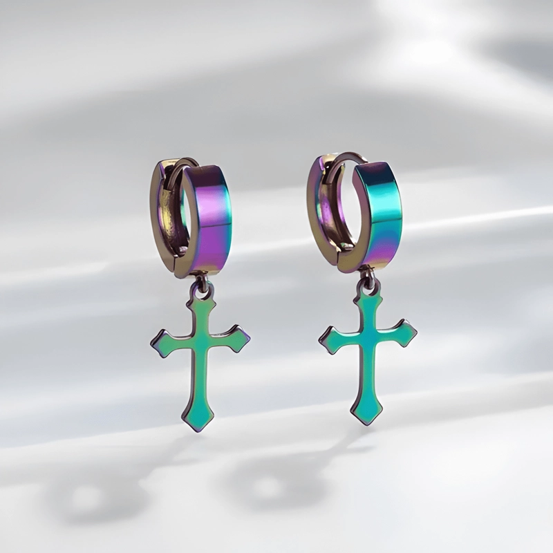 12 PARES DE AROS DE ACERO CON CRUZ - JOYAS ELEGANTES - 3