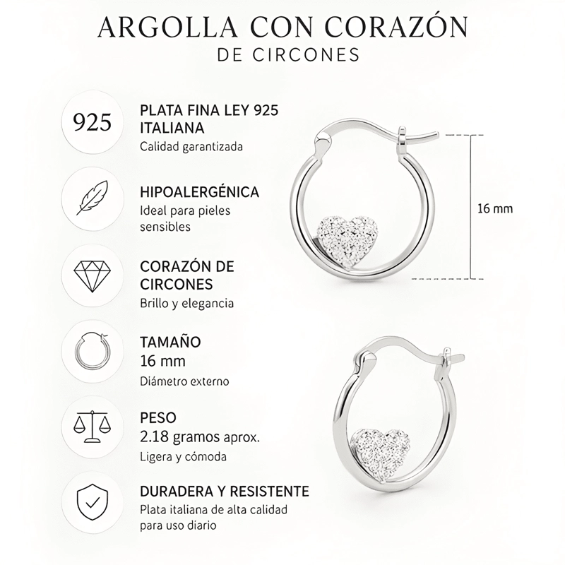 AROS ARGOLLA PLATA 925 CORAZON DE CIRCONES 16MM MUJER REGALO - 3