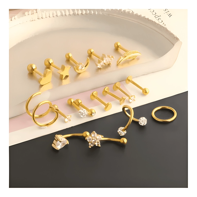 17PCS PIERCING ARETES OREJA CARTILAGO AMOR ACERO DORADO - 1