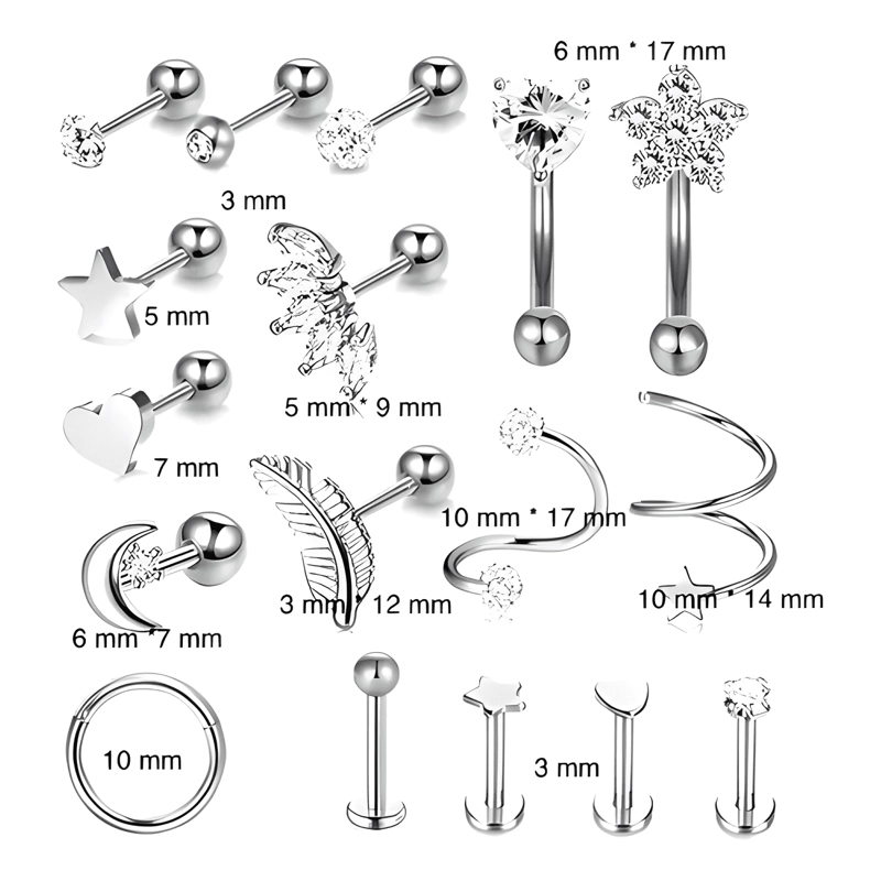 17PCS PIERCING ARETES OREJA CARTILAGO AMOR ACERO DORADO - 3