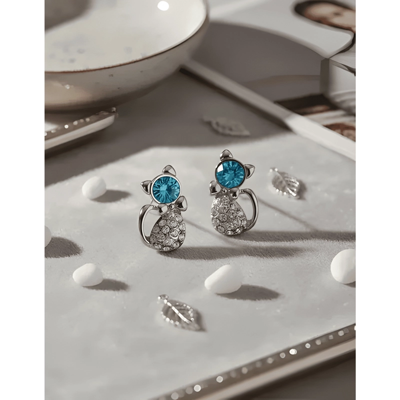 AROS GATITO AQUAMARINA CRISTALES AUSTRIACOS AQUA MARINA - 1