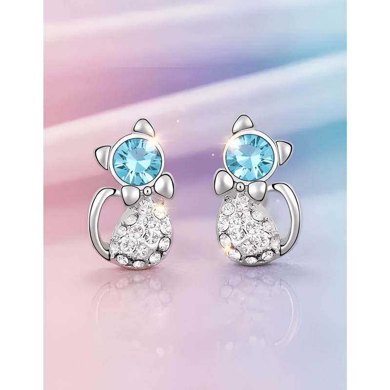 AROS GATITO AQUAMARINA CRISTALES AUSTRIACOS AQUA MARINA - 4