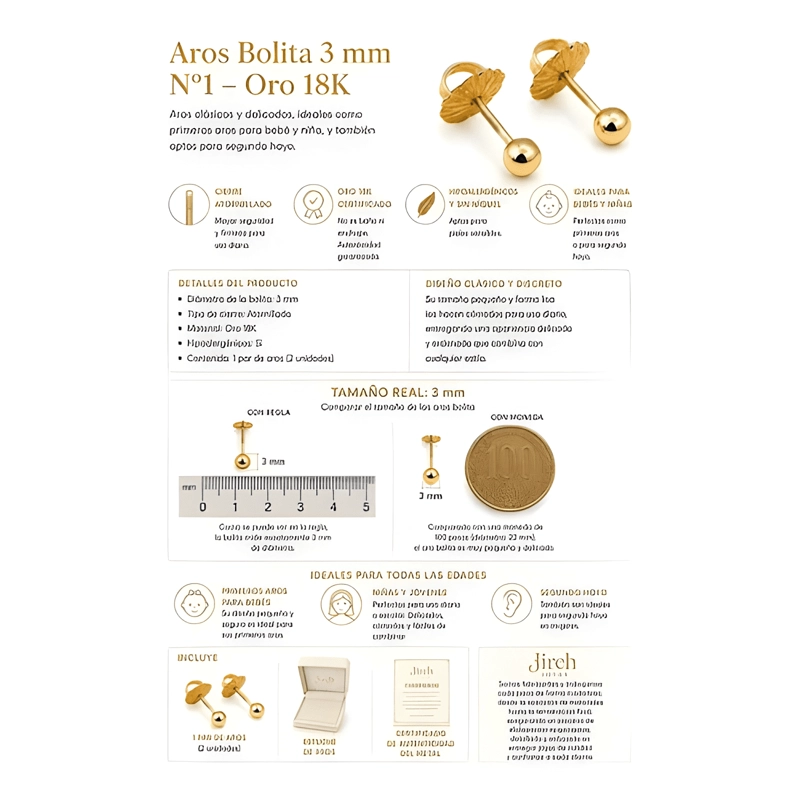 AROS BOLITA 3MM N1 ORO 18K 0.50 GR BEBE  HIPOALERGE NICO #2 - 4