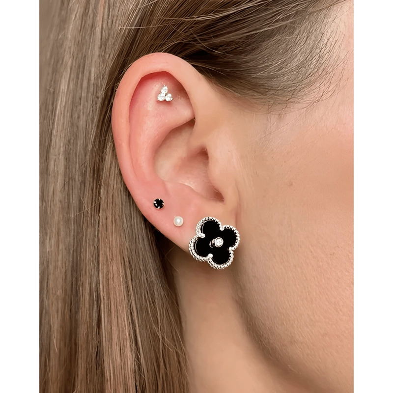 AROS TREBOL NEGROS PLATA 925 TENDENCIA HOMBRE MUJER - 2