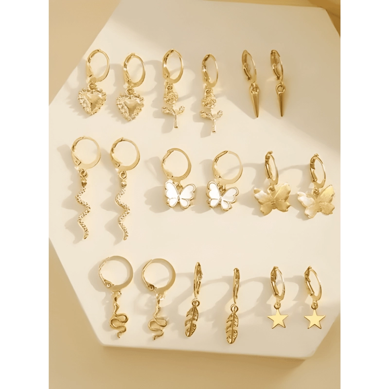PACK DE 9 PARES DE AROS ARETES PENDIENTES DORADOS VARIADOS - 1