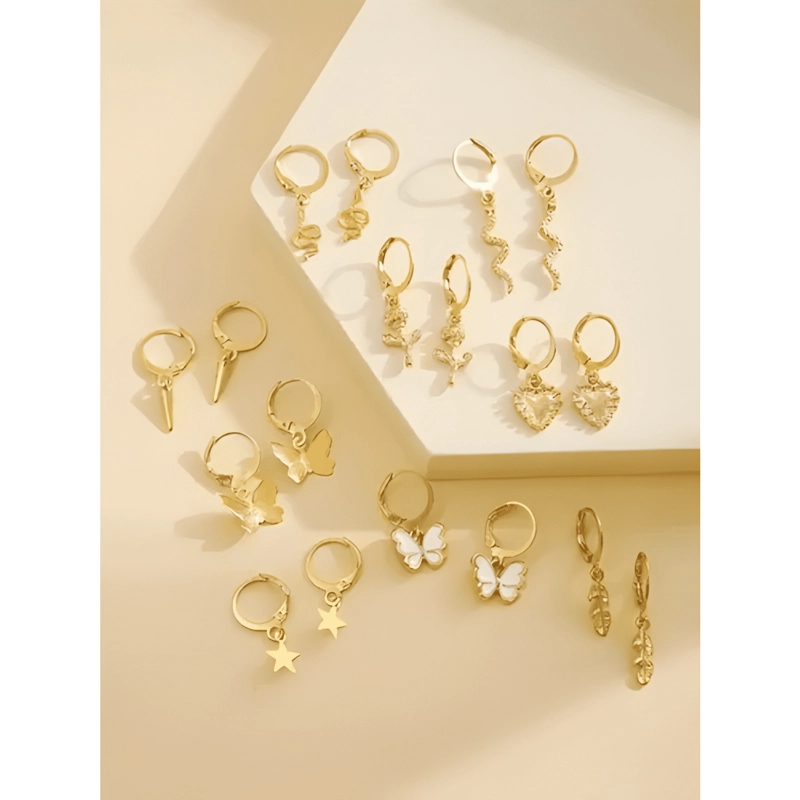 PACK DE 9 PARES DE AROS ARETES PENDIENTES DORADOS VARIADOS - 3