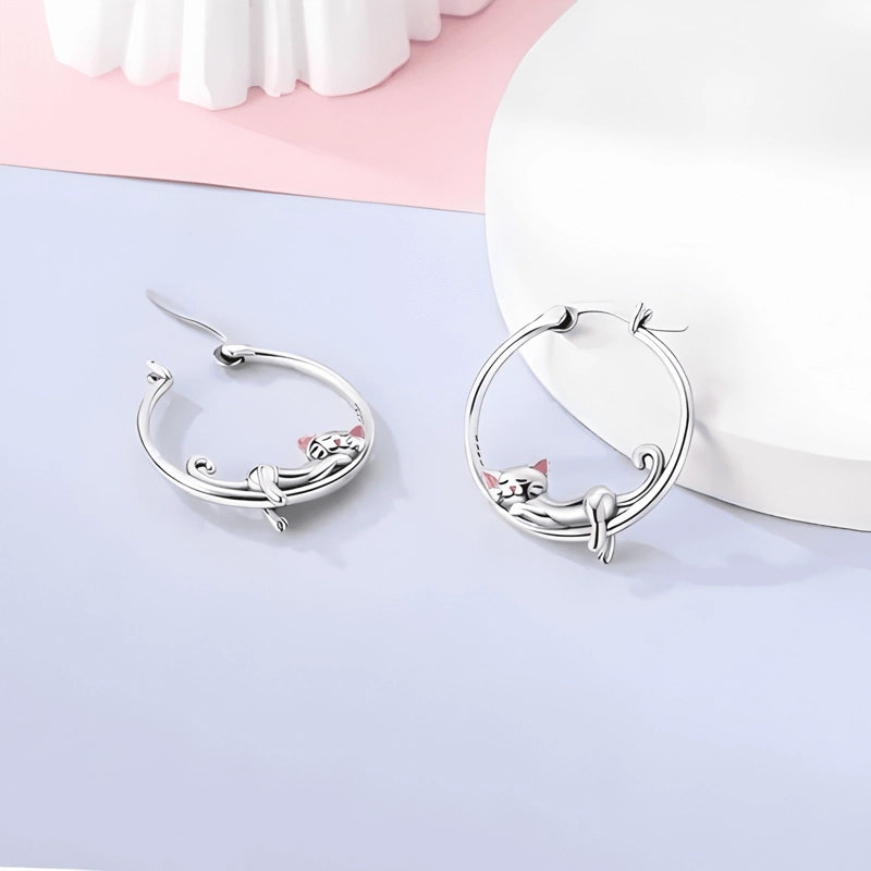 AROS ARGOLLA MODA PLATA 925 PENDIENTES MUJER GATITO KAWAII - 2