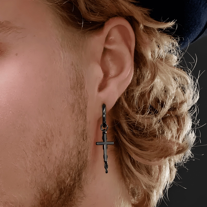 AROS HOMBRE ARGOLLAS NEGRAS CRUZ CADENA PUNK ACERO COLGANTE - 1