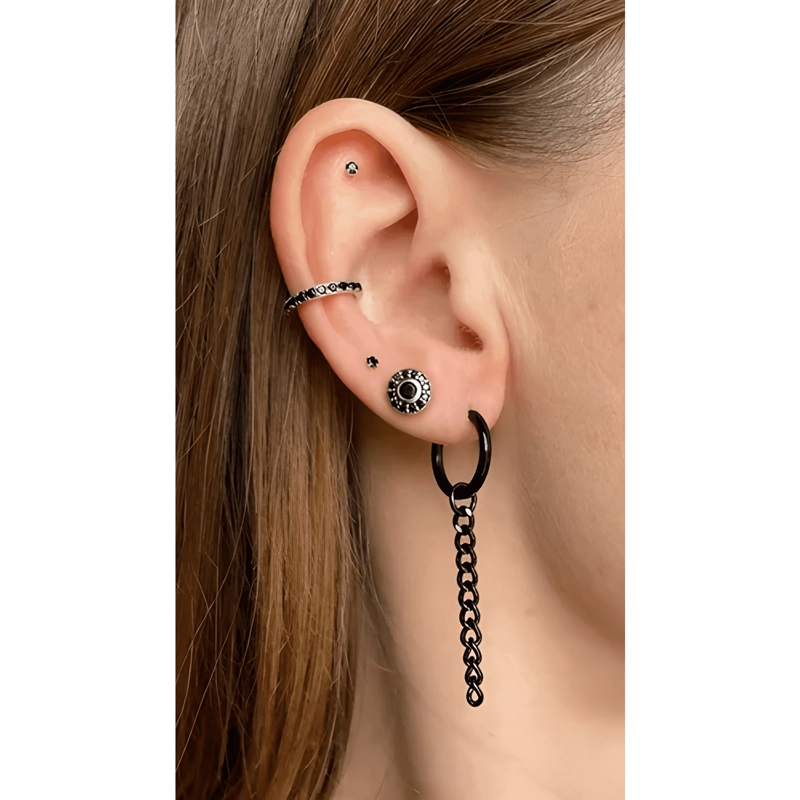 AROS HOMBRE ARGOLLAS NEGRAS CRUZ CADENA PUNK ACERO COLGANTE - 4