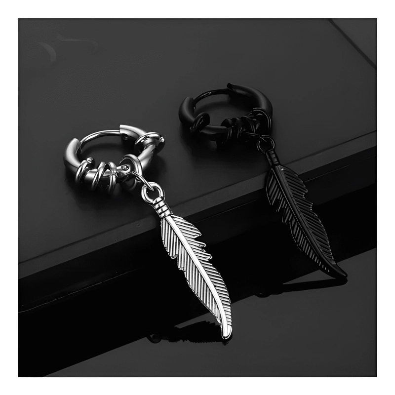 2 PARES AROS HOMBRE MUJER PLUMA PIERCING ACERO QUIRURGICO #5 - 1