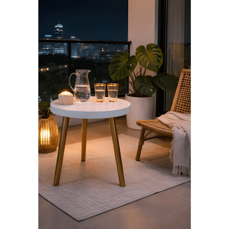 MESA LATERAL MODERNA PATAS DORADAS ESTILO CHIC BLANCA - 2