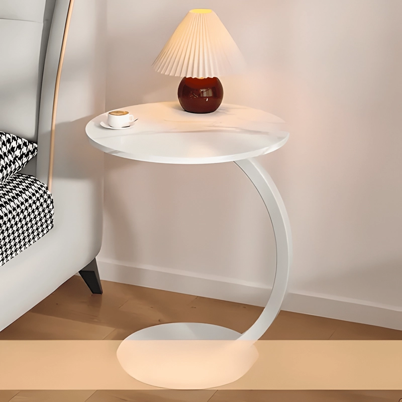 MESA AUXILIAR REDONDA MADERA METAL MODERNA BLANCA - 3