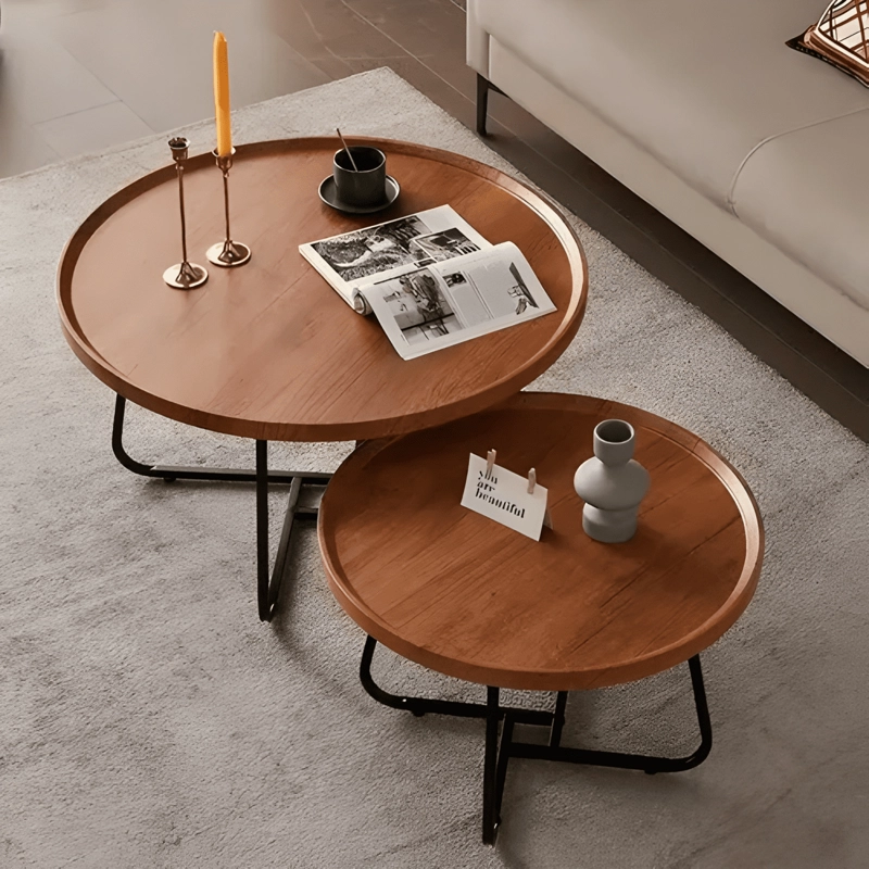 JUEGO MESA DE CENTRO REDONDA DOBLE MADERA COLOR MARRON - 2