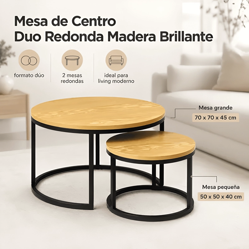 MESA DE CENTRO DUO REDONDA MADERA BRILLANTE ESTILO MODERNO - 2