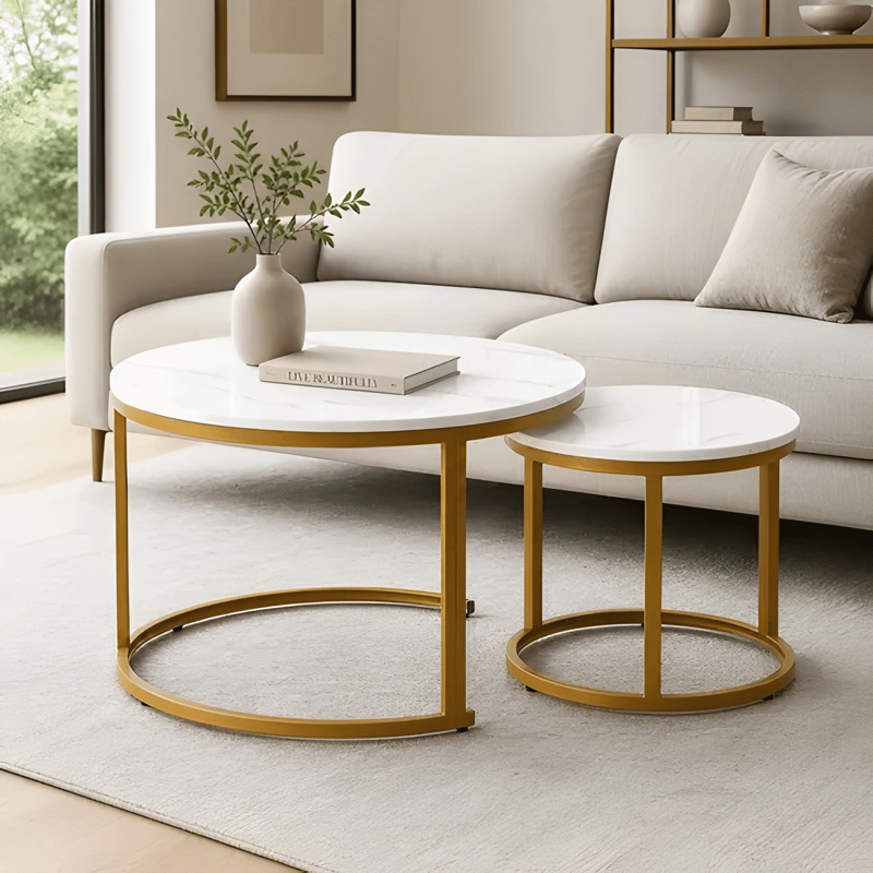 MESA DE CENTRO DUO Y DORADA 2 NIVELES ESTILO MODERNO BLANCA - 1
