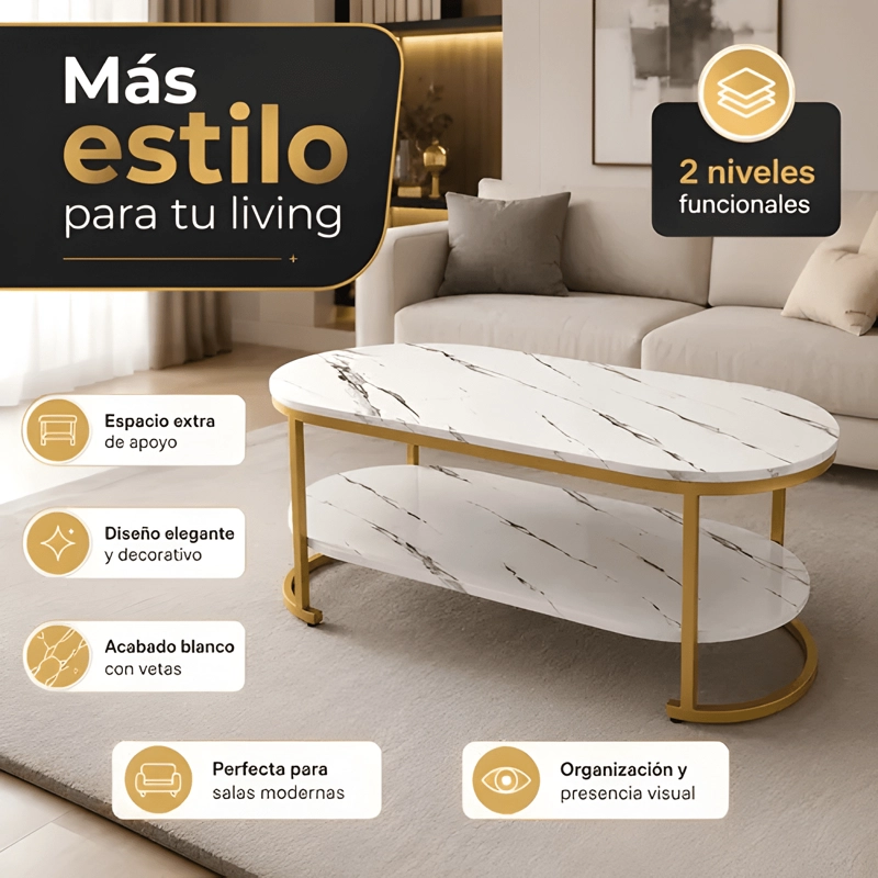 MESA DE CENTRO ELEGANTE CON REPISA INFERIOR Y DISEÑO BLANCA - 1