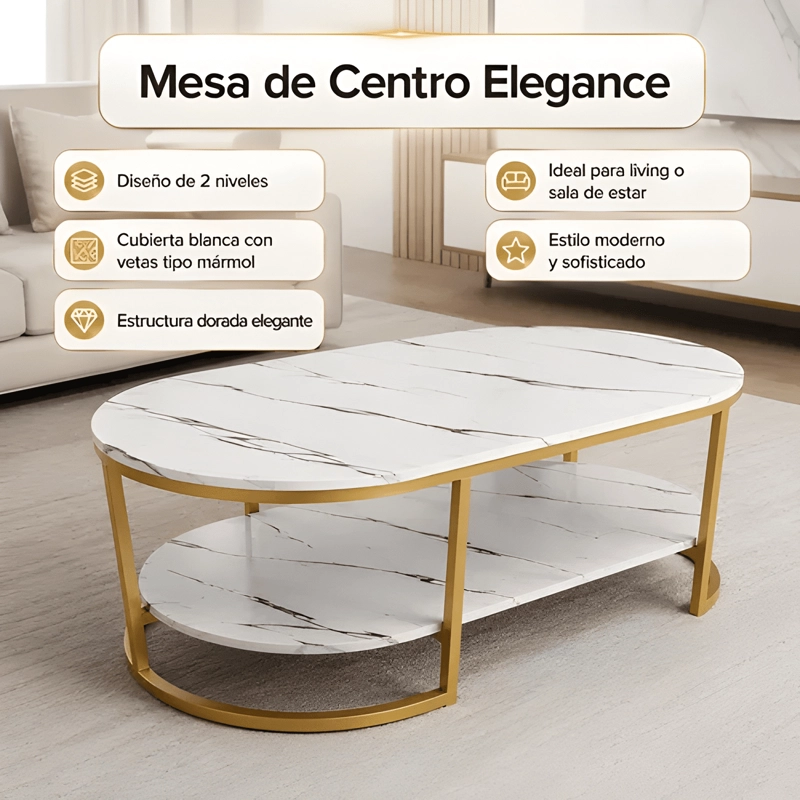 MESA DE CENTRO ELEGANTE CON REPISA INFERIOR Y DISEÑO BLANCA - 3