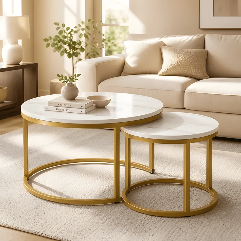 JUEGO DE MESAS DE CENTRO REDONDAS Y DORADO ESTILO BLANCO - 1