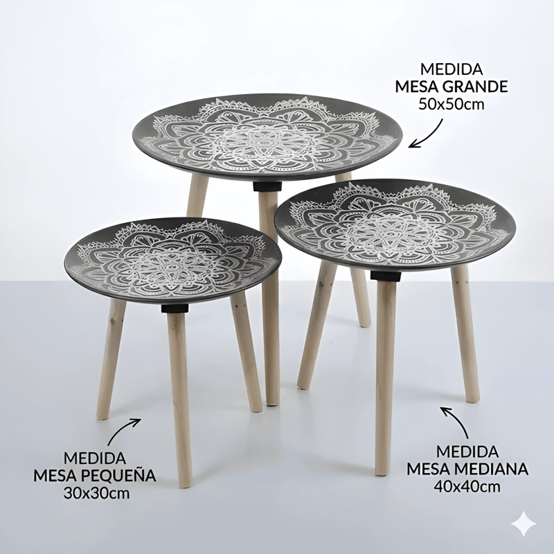 SET 3 MESAS LATERALES CENTRO DISEÑO TALLADO NEGRO NEGRO - 2
