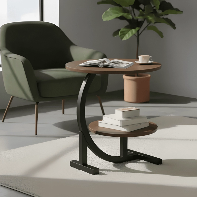 MESA AUXILIAR DE LIVING REDONDA DOBLE REPISA MADERA METAL - 2