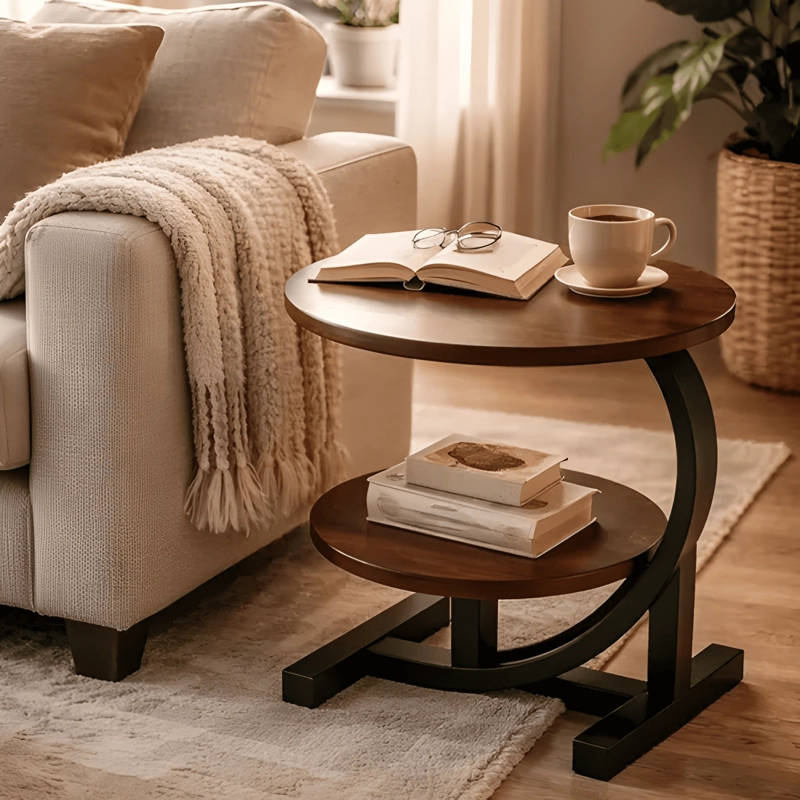 MESA AUXILIAR DE LIVING REDONDA DOBLE REPISA MADERA METAL - 4