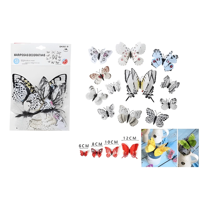 X12 MARIPOSAS DECORATIVAS 12-10-8-6CM MANUALIDAD MULTICOLOR - 1