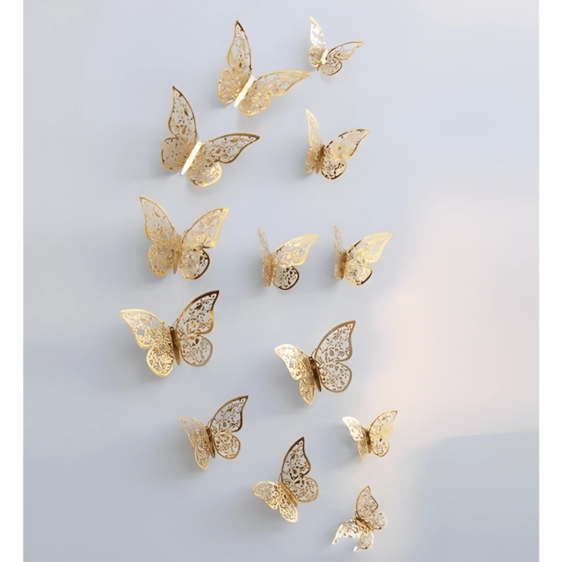 12 PZAS MARIPOSA 3D PEGATINAS ARTES PARED METALIZADA CALADO - 2