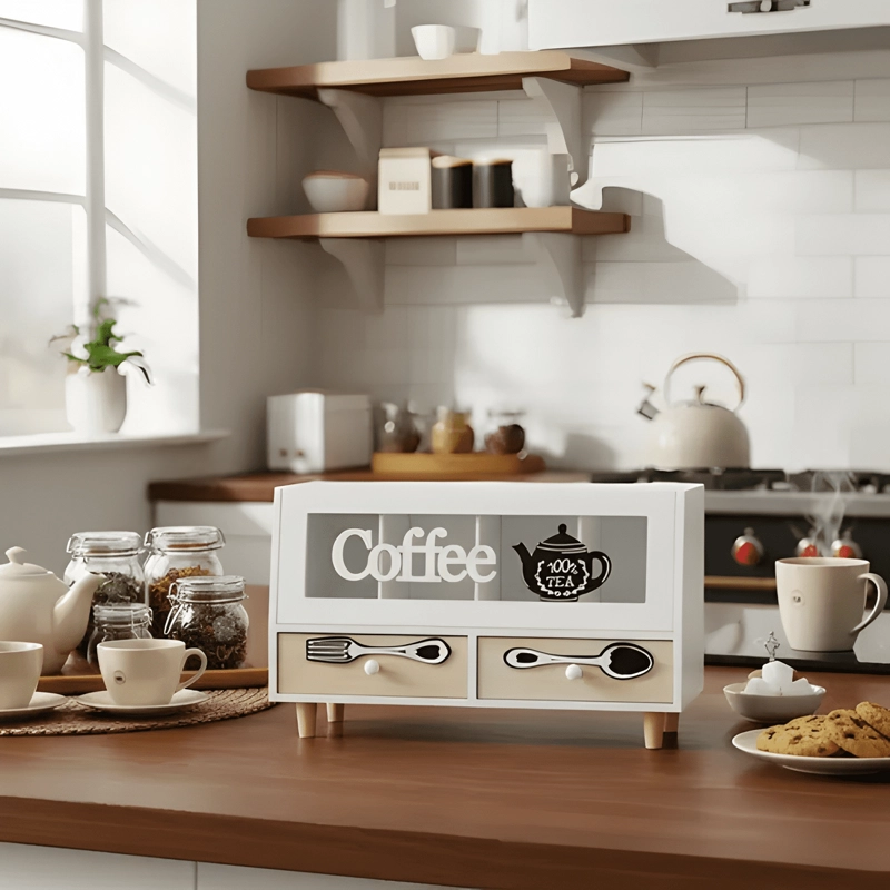 ORGANIZADOR DE CAFE  MADERA 4 CAJONES TE  CAPSULAS UTENSILIOS - 1