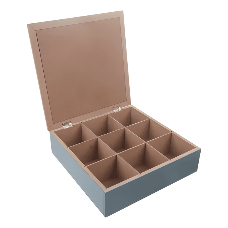 CAJA DE TE  MEDIANA DE MADERA 9 ESPACIOS AZUL - 3
