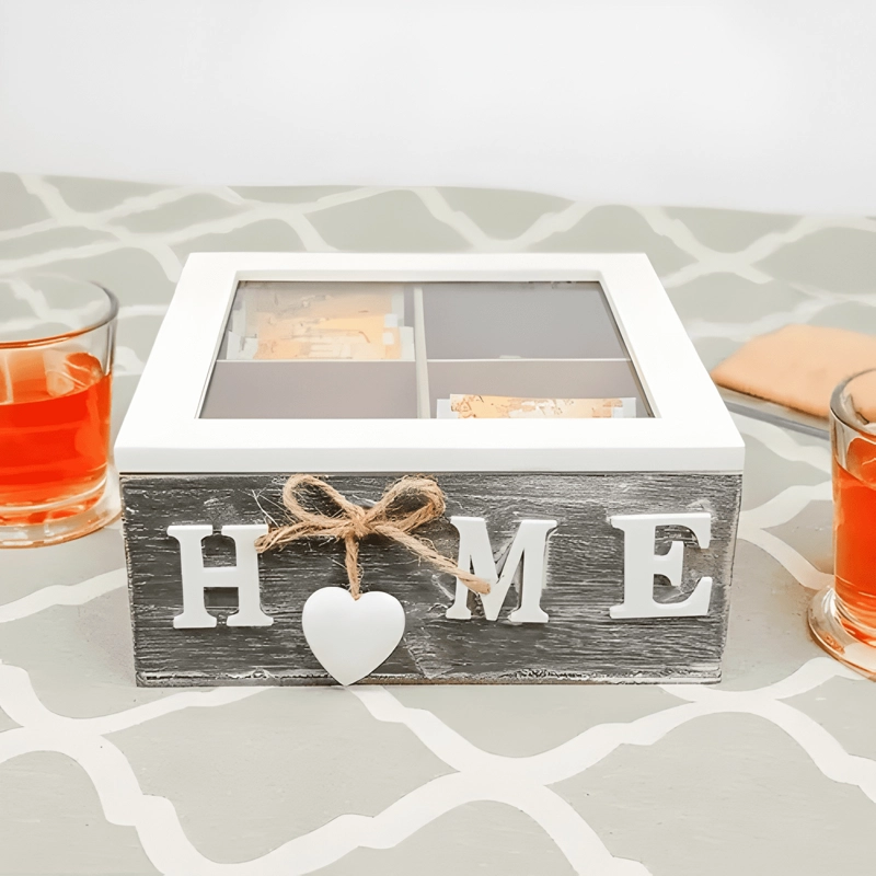 CAJA DE TE  4 ESPACIOS HOME TAPA BORDE BLANCO - 1