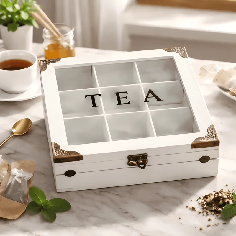 CAJA ORGANIZADORA DE TE  9 COMPARTIMENTOS MADERA Y VIDRIO - 1