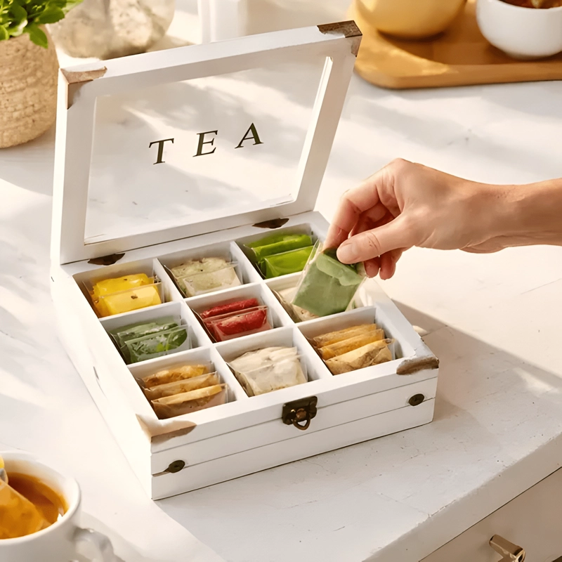 CAJA ORGANIZADORA DE TE  9 COMPARTIMENTOS MADERA Y VIDRIO - 3
