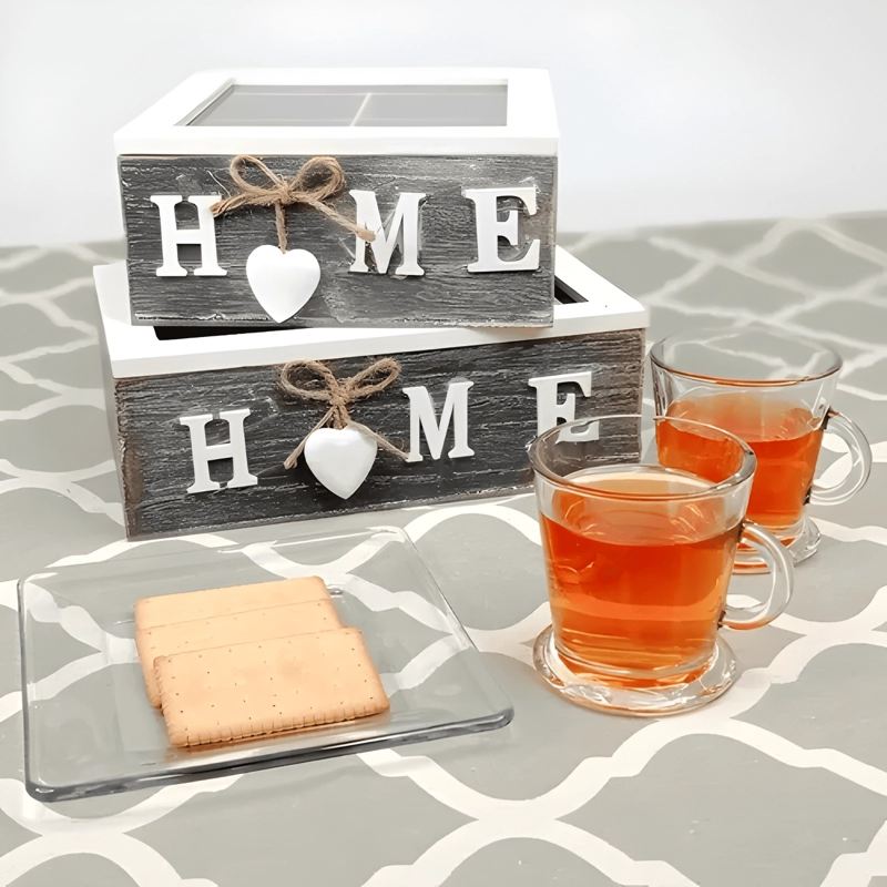 CAJA DE TE  4 ESPACIOS HOME TAPA BORDE BLANCO COLOR CAFE - 1