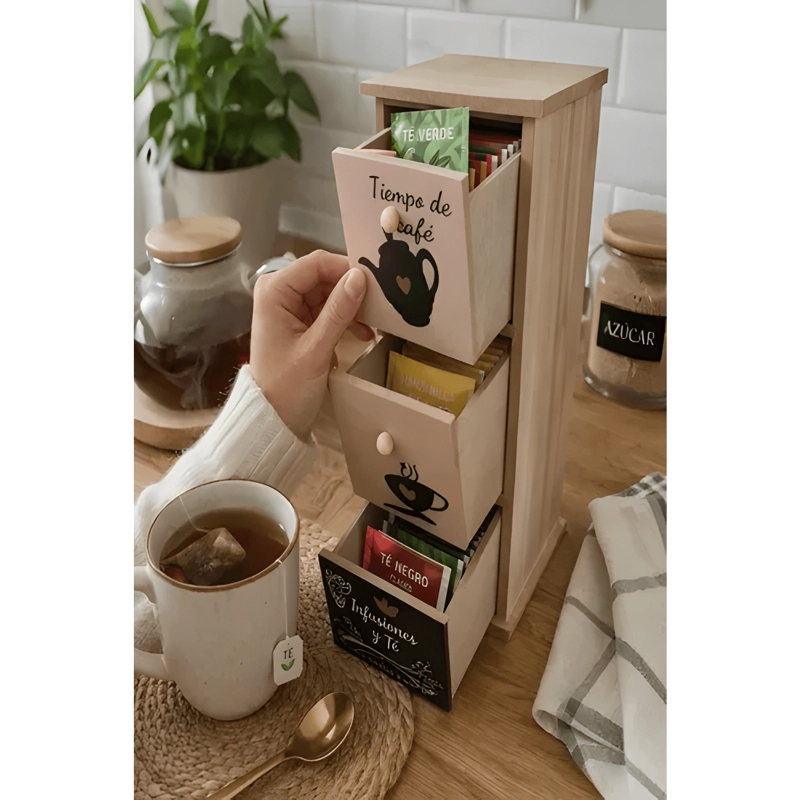 CAJA DE MADERA PARA TE  Y CAFE  ORGANIZADOR 3 CAJONES HOGAR #3 - 1