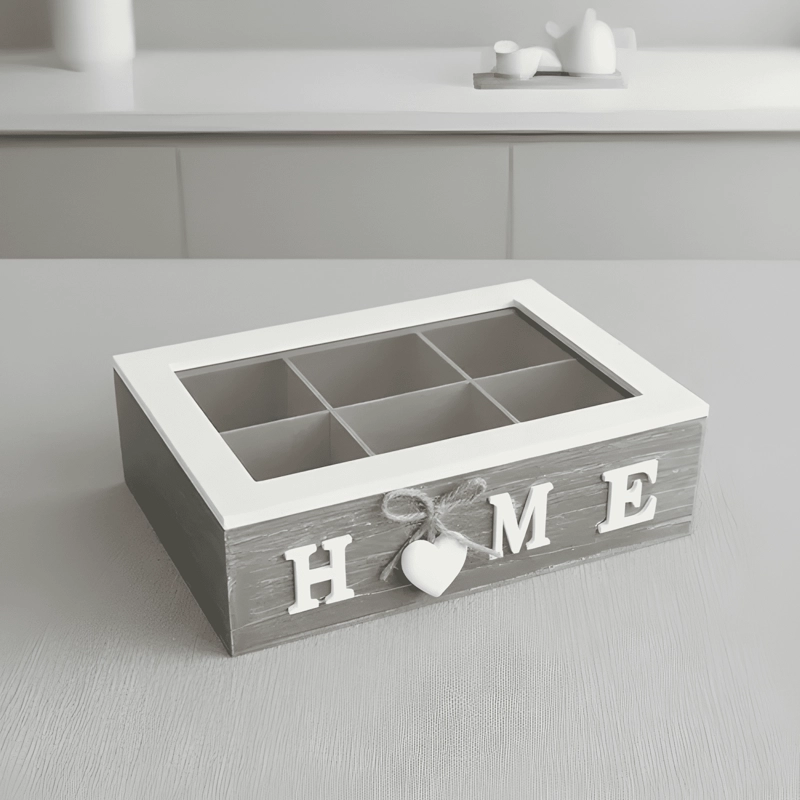 CAJA DE TE  6 ESPACIOS HOME TAPA BORDE BLANCO COLOR SILVER #1 - 1