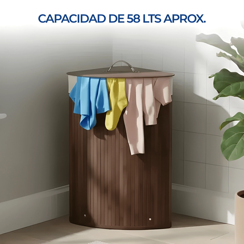 CESTA ESQUINERA BAMBU BEITI CON TAPA Y FUNDA LAVABLE MARRON - 2