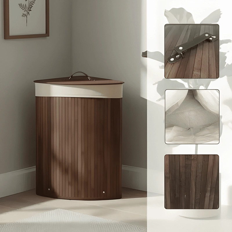 CESTA ESQUINERA BAMBU BEITI CON TAPA Y FUNDA LAVABLE MARRON - 4