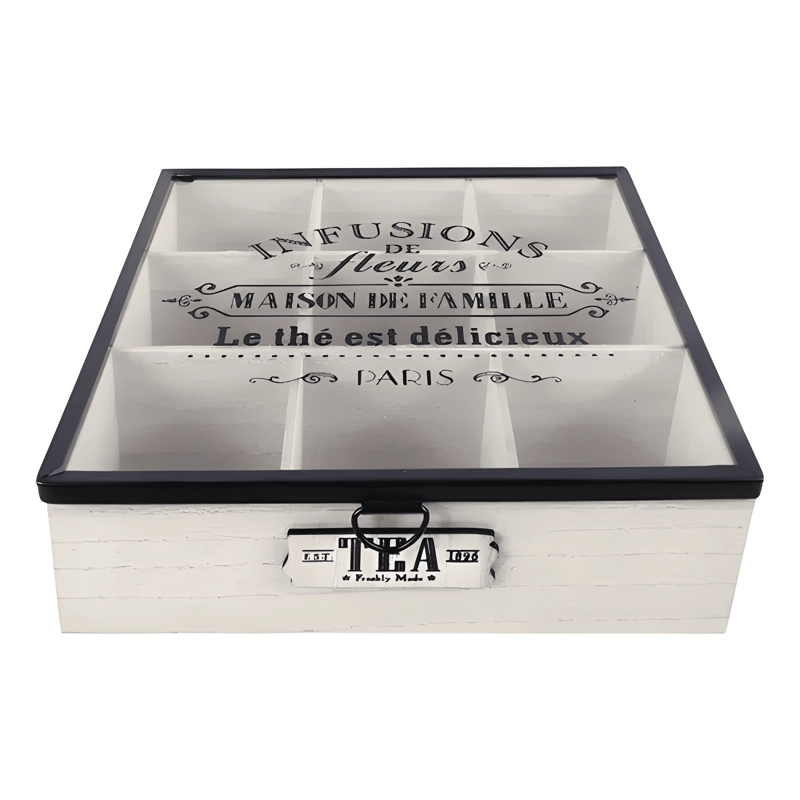 CAJA DE TE  9 DIVISIONES TAPA CON DISEÑO DECORATIVA MADERA - 1