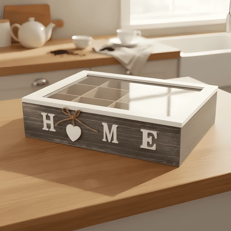 CAJA DE TE  12 ESPACIOS HOME TAPA BORDE BLANCO COLOR GRIS - 1