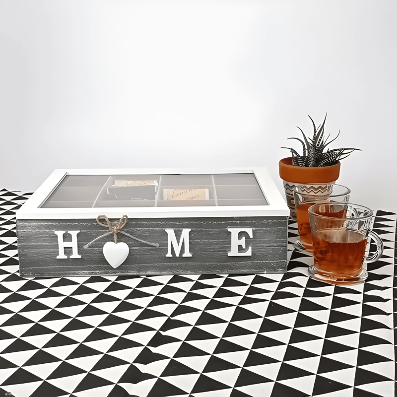 CAJA DE TE  12 ESPACIOS HOME TAPA BORDE BLANCO COLOR GRIS - 3