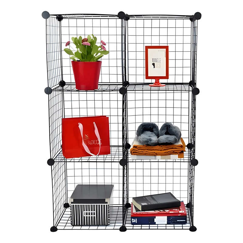 ESTANTE MULTIFUNCIONAL LIBRERO MALLA METAL 6 CUBOS NEGRO - 3