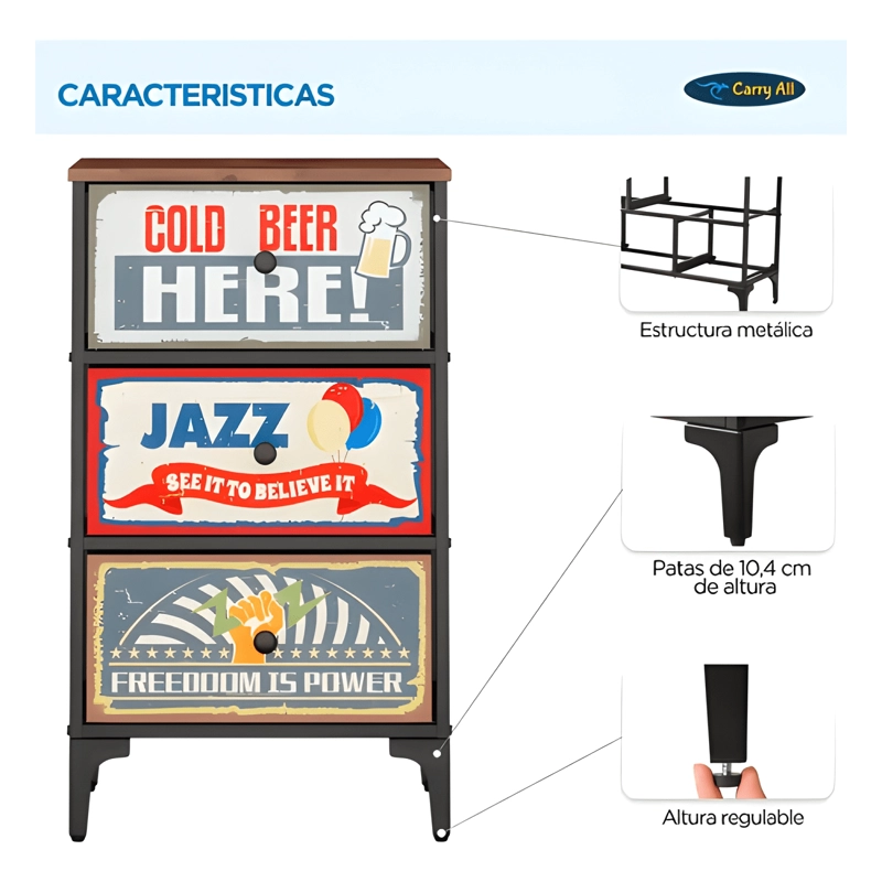 VELADOR CAJONERA CARRY ALL RETRO 3 CAJONES METALICO MATE - 4