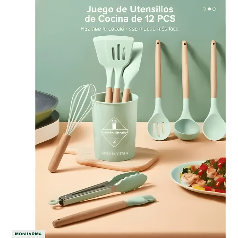 SET 12 UTENSILIOS COCINA MOSHARMA MANGO MADERA SILICONA - 1